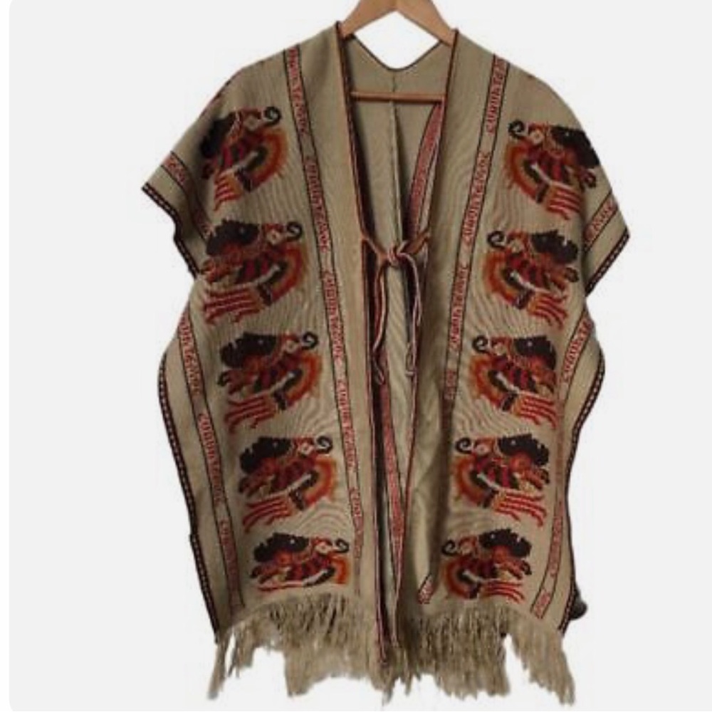 Cuauhtemoc fringe centre tie poncho cape knitted Mexican Aztec